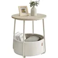 Beistelltisch rund aus Metall, Kleiner Tisch, Couchtisch mit Korb, Wohnzimmertisch, Korb aus Stoff, Nachttisch modern, naturbeige-cremeweiß
