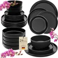 SÄNGER Madeira | Tafelservice 24 teilig, Steingut Geschirr Set 6 Personen, 6x Teller Set 6x Frühstücksteller 6x Tiefe Teller 6x Pastaschalen Geschirrset und Schale schwarz matt | VALUE COLLECTION