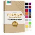 Jacobson Spannbettlaken PREMIUM 200 g/m2 Jersey aus 97% Baumwolle & 3% Elasthan, Extra dichtes Bettlaken mit maximalem Halt beige|braun 180 - 200 cm x 220 cm