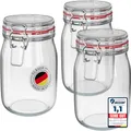 WELLGRO 3x Einmachgläser mit Bügelverschluss rund 1140ml, Fermentierglas, Vorratsgläser mit Deckel - Gläser mit Deckel Made in Germany