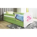 Kinderbett Jugendbett Fee mit Schmetterlingen 70x140, 80x160, 80x180 cm - Komplettset mit Matratze, Schublade & Rausfallschutz - Grün