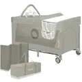 Lionelo Flower 4in1 Reisebett Baby mit Seiteneingang, Wickeltisch, Zwei Matratzenaufhängungshöhen, Spielzeugbogen mit Spielfiguren, Rollen, Tragetasche