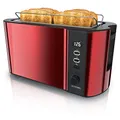 Arendo - Edelstahl Toaster Langschlitz 4 Scheiben - Defrost Funktion - wärmeisolierendes Gehäuse - mit integrierten Brötchenaufsatz - 1500W - Krümelschublade - Display mit Restzeitanzeige - Karminrot
