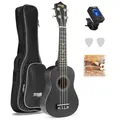MAX UKEY Ukulele Komplett Set inkl. Plektren, digitalem Stimmgerät und Tasche, 21" mini Gitarre, Ukulele Erwachsene mit Zubehör für Anfänger, Soprano, 4 Nylon Saiten, 12 Bünde - Schwarz