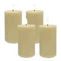 Relaxdays LED Kerzen, 4er Set, HxD: 13 x 7,5 cm, flackernde Flamme, Echtwachs, Rillen, flammenlose Blockkerzen, beige