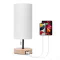 Aigostar Nachttischlampe mit 2 USB-Ladeanschlüssen, E27 Tischlampe mit Zugschalter, Holzsockel, Modern Tischleuchte, Weiß
