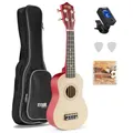 MAX UKEY Ukulele Komplett Set inkl. Plektren, digitalem Stimmgerät und Tasche, 21" mini Gitarre, Ukulele Erwachsene mit Zubehör für Anfänger, Soprano, 4 Nylon Saiten, 12 Bünde - Natur