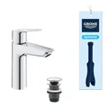 GROHE Start, Waschtischarmatur, wassersparend (Wasserhahn für das Bad, Badarmatur mit Pop-Up Ablauf, 19cm hoch, mit 3in1 Werkzeug, einfache Installation am Waschbecken), chrom, 24204002