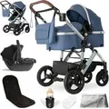 Bergsteiger Nizza 3 in 1 Kinderwagen, Kombikinderwagen Komplettset, Babywanne & Buggy Sportsitz inklusive, Auto-Babyschale & Isofix Station optional - Blau