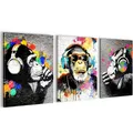 Novart Wandbilder Affe Banksy Style Graffiti - KOMPLETT AUFHÄNGFERTIG - Wohnzimmer Loft Deko - 3 Moderne Bilder Grau Bunt - N034535a