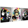 Novart Bild Wandbilder Set Banksy Style Collage - 3 Bilder Wohnzimmer Streetart, Affe, made in Germany