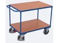 Schwerer Tischwagen, Stahl/MDF-Platte, Enzianblau/Buche-Dekor, 2 Etagen, L 850 x B 500 mm, TPE-Rollen mit EasySTOP, bis 400 kg