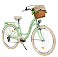 MILORD Damenfahrrad Citybike Komfort Mit Weidenkorb Hollandrad Vintage Fahrrad, 26, 28 Zoll, 7-Gang (Mintze, 28 Zoll)