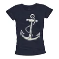 Ausgefallenes Damen T-Shirt mit Anker Aufdruck - Farbe dunkelblau Größe L