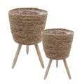 Rattan Pflanzen Ständer m. Holz Beinen - 2er Set - Deko Weide Korb Blumen Topf