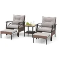 COSTWAY 5tlg. Rattan Gartenmöbel Set, 2-stufiger Beistelltisch, 2 Sessel mit Hocker, Gartengarnitur 2 Personen inkl. Sitzkissen & Rückenkissen - Braun/Grau