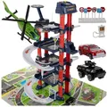 KRUZZEL Spiel-Parkhaus Interaktives Parkhaus Set für Kinder Parkgarage Spielmatte, mit Spielzeugautos Hubschrauber Spielmatte Verkehrsschilder Tankstelle