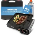 ZMC Gaskocher Gaskocher 1-flammig + Aufbewahrungskoffer + Gaskartuschen 227g Schwarz, (Butangas Campingkocher für Innenraum/Outdoor, Campinggaskocher 2,2 kW mit Piezozündung, Piezozündung), Kochfeld Gaskocher mit Kartusche, Gaskochfeld für Camping ZMC Gaskocher + Grillplatte + 4x Gaskartuschen 227g