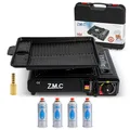 Z.M.C Gaskocher 1-flammig inkl. Adapter für LPG + Aufbewahrungskoffer + Grillplatte 33x26x4cm + 4 Gaskartuschen 227g, Campingkocher mit Piezozündung