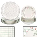 MamboCat Holly 12tlg Tafelservice I Steingut-Geschirr mit grünem Gittermuster, Mistelzweigen & Beeren für 6 Personen I 6x flache Speiseteller & 6x tiefe Suppenteller 400ml