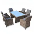 RAGNARÖK PolyRattan - DEUTSCHE Marke - Gartenmöbel Essgruppe Tisch 6 Sessel 12 Polster Rostfrei Aluminium Rundrattand (Naturfarbene Garnitur + graue Polster, Weißes Glas)
