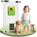 BOMI Tierschutzgitter Mira | Türschutzgitter mit Katzenklappe | Ideales Absperrgitter Hund, Katzengitter Tür & Welpen Zubehör | Hundegitter Wohnung weiß Metall | Breite: 83-93 cm