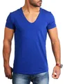 Young & Rich Herren Uni T-Shirt Basic mit extra tiefem V-Ausschnitt Slimfit deep V-Neck Stretch dehnbar 1315, Grösse:S, Farbe:Blau