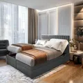 TRADA Boxspringbett ADÈLE 140x200 cm - elektrische Bett mit Matratze + Tooper und Bettkasten - Stoffbezug Veloursstoff - Dunkelgrau