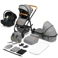 LIONELO Amber Kinderwagen 3 in 1 Kombikinderwagen Set sportlicher Sitz fester Babywanne Autositz Tasche Moskitonetz Regenschutz XXL-Dach mit Sonnenschutz (GRAU)