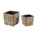 Pflanzkorb Kübel aus Rattan eckig mit Folie ausgeschlagen in kubu grey - 2er Set