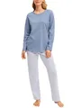 CALIDA Cotton Special Pyjama, Schlafanzug, lang Damen, weich, pflegeleicht, elastischer Hosenbund Aura Blue 48-50