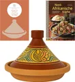 Tajine, original aus Marokko, inklusive Kochbuch Nord Afrikanische Küche, Tontopf zum Kochen, Shasha Ø 31cm, für 4-5 Personen, handgetöpfert aus Marrakesch, frei von Schadstoffe