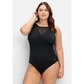 Badeanzug SHEEGO "Große Größen", Damen, Gr. 52, Cup E, schwarz, Nylon, Xtra Life LYCRA, unifarben, Badeanzüge, in Wickeloptik, mit Mesh-Einsatz