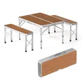 Wiltec Koffertisch mit 2 Bänken Holzdesign Aluminium 90x66x70 cm Campingtisch klappbar Sitzgruppe Campingmöbel Outdoor Camping Tisch faltbar