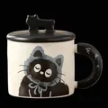 Niedliche Keramik-Tasse Katze mit Deckel und Löffel - 350ml - blau