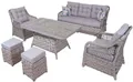 JVmoebel Gartenlounge-Set Grau Rattan Gartenmöbel Sofagarnitur mit Esstisch und Sesseln, (6-tlg., 3-Sitzer + 2x Sessel + Esstisch + 2x Hocker), Made in Europa