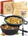 KRUSTENZAUBER Gusseisen Topf [inkl. Fleischgabel] - Robuster 26cm Gusseisen Bräter mit Deckel Backofengeeignet - Ideal als Schmortopf Induktion, Dutch Oven Set, Kazan, Cast Iron Pot, Kochtopf