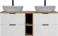 Waschtisch 140cm mit 2 Aufsatzbecken in Betonoptik, weiß mit Eiche Nb., Front gerillt, ADELAIDE-56-WHITE
