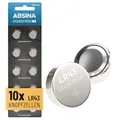 ABSINA 10x AG12 LR43 Batterien Knopfzellen - 1,5V Alkaline Knopfzellen LR43 auslaufsicher & mit Langer Haltbarkeit - LR 43/186 / LR1142 / L1142 / V12GA / GPA76 / RW84