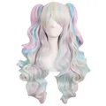 MapofBeauty farbige Lolita lange lockige geheftet auf Pferdeschwanz Cosplay Perücke (rosa/blau/blond)