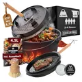 GUSSKÖNIG Dutch Oven Set - Eingebrannter Dutch Oven 4,5 Liter [2-4 Person]-Feuertopf Gusseisen mit Füßen-Schmortopf Doppelfunktion-2in1 Deckelheber, Bürste & DutchOven Rezeptbuch-30 Jahre Garantie