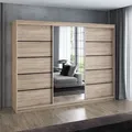 Schwebetürenschrank 200 cm, 3-türig, mit Spiegel & 4 Schubladen, Retro-Stil, modern, in Weiß/Schwarz/Sonoma – Kleiderschrank VILUNO 2 - Braun
