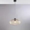 Sospensione In Ferro Laccato Nero Con Cavo Elettrico Regolabile E Diffusore In Vetro Soffiato Ambra Con Decoro Rigatura In Rilievo 1 Luce H.23 - Max 123 - Ø30
