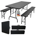 CHEFGASTRO Bierzeltgarnitur klappbar 180cm breit 3-teilig 1x Buffettisch 2X Bierbänke mit Tragegriffe Rattan Optik Kunststoff wetterfest Gartenmöbel-Set Gartengarnitur Camping Klapptisch Gartentisch