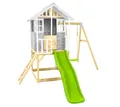 Holz Kinderspielhaus Valli mit Veranda Rutsche Schaukel Grau Weiß 137x121x140