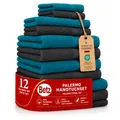 Betz 12-TLG. Handtuch-Set Palermo 100% Baumwolle 2 Liegetücher 4 Handtücher 2 Gästetücher 2 Seiftücher 2 Waschhandschuhe Farbe Petrol und anthrazit