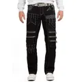 Kosmo Lupo 5-Pocket-Jeans Herren Regular Fit Hose Stonewashed KM8006 Black W31/L32 (1-tlg) Auffälliges Design mit kontrastierenden weißen Nähten schwarz 31