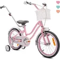SUN BABY Heart Bike Kinderfahrrad für Mädchen 16 Zoll, ab 4 Jahre, mit Stützrädern, abnehmbarer Schubstange, Korb, Klingel, Rücktrittbremse & ... - Rosa