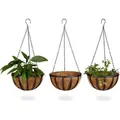 Relaxdays Blumenampel 3 Körbe, Kokos, 21 Liter Volumen, mit Kette, 30 cm Durchmesser als Hängeampel, braun - Braun
