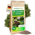 Purgrün® Koniferendünger 1 kg – Extra Magnesium für leuchtend grüne Nadeln – Verbessert die Bodenqualität – Organisch-mineralische Rezeptur – Feines Krümelgranulat – NPK 8+4+5 – Für 4-5 Pflanzen